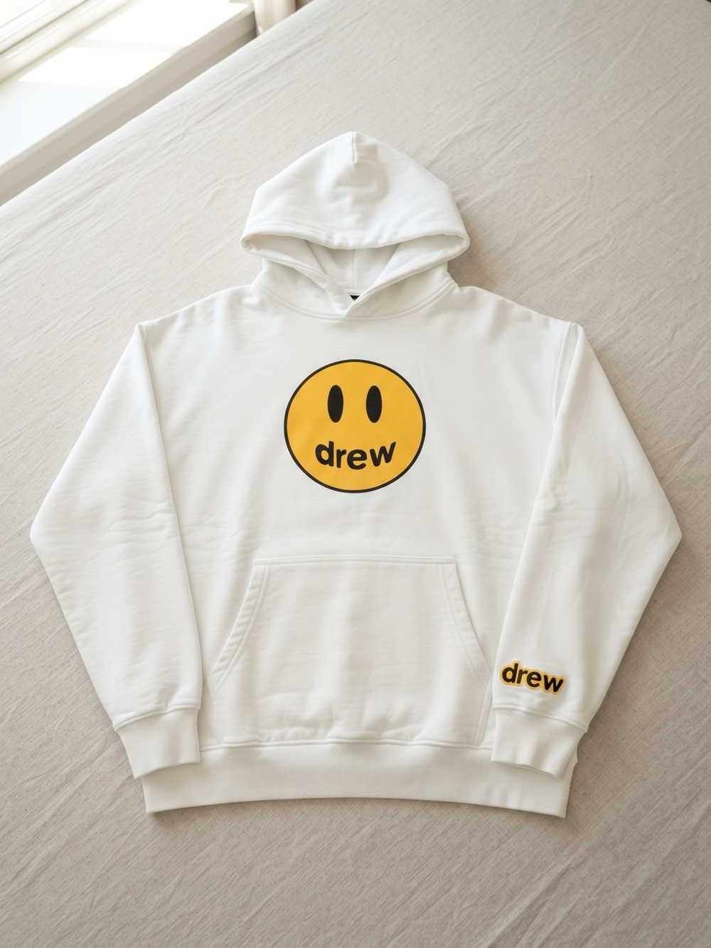 drew house (Justin Bieber) White unisex Hoodie with Yellow Smiley Logo